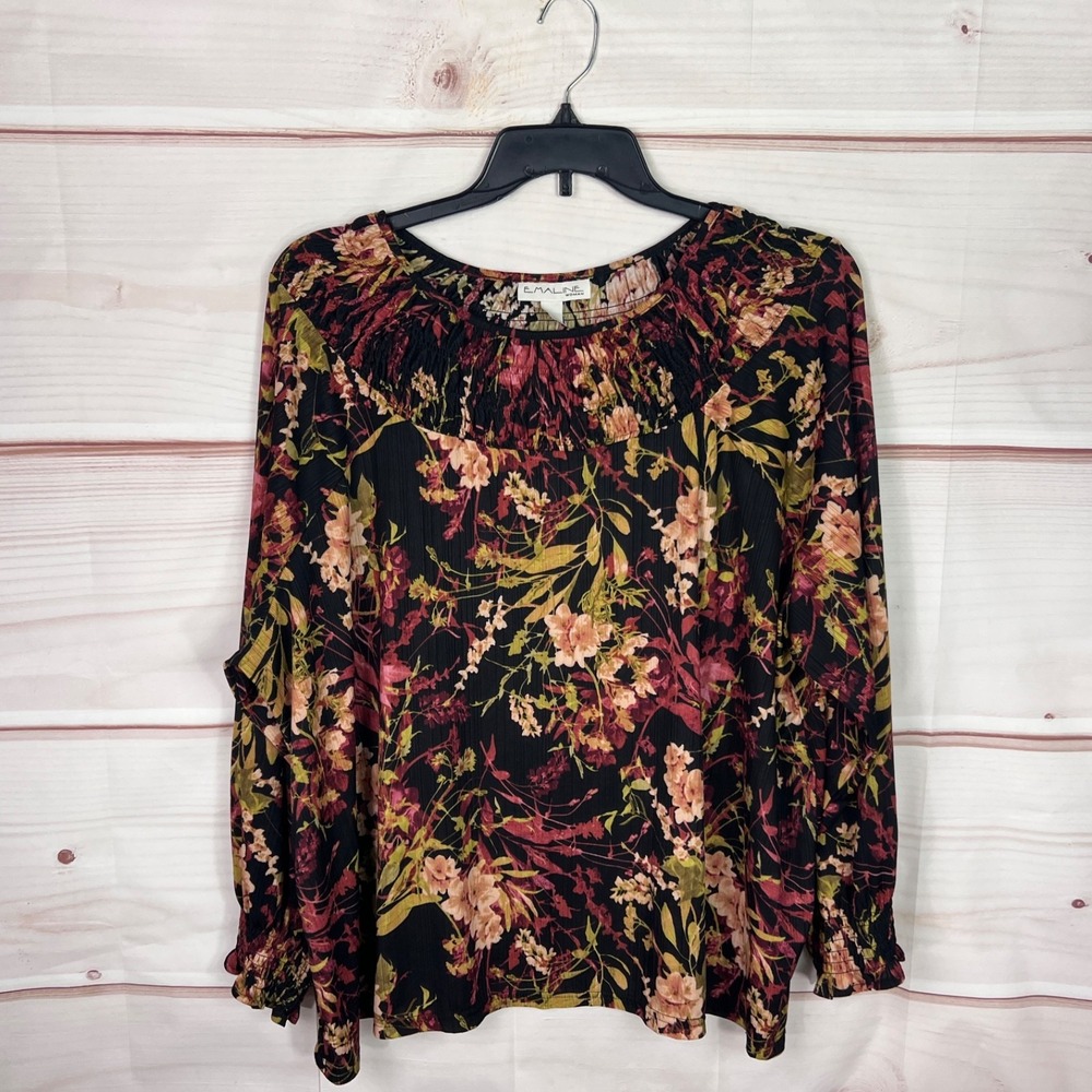 Emaline Top Women 2X Black Floral Blouse Smocked Neck Long Sleeve Pullover Woven